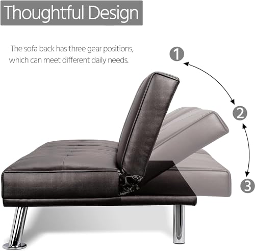 Futon Sofa Bed Modern Folding Couch for Small Space, Faux Leather Convertible Loveseat Sleeper Bed Daybed Recliner Lounge Sofas for Living Room,2 Cup Holders,Metal Legs,Removable Armrests (Brown) Anwick