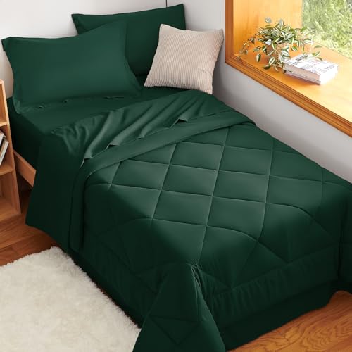 CozyLux Twin XL Comforter Set Emerald Green - 5 Pieces Twin Extra Long Bed in a Bag for College Dorm, All Season Bedding Set for Girls and Boys, Soft Bed Set with Comforter, Sheets, Pillowcase & Sham CozyLux