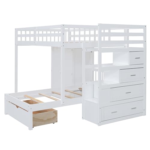 Ball & Cast Full Over Twin Bunk Bed with Safty Guardrail & Storage Stair,Wood Loft Bedframe W/Wardrobe & Drawers,Space-Saving Design,Easy Assembly,Versatile Furniture for Boy Girl Teen Bedroom,White Ball & Cast