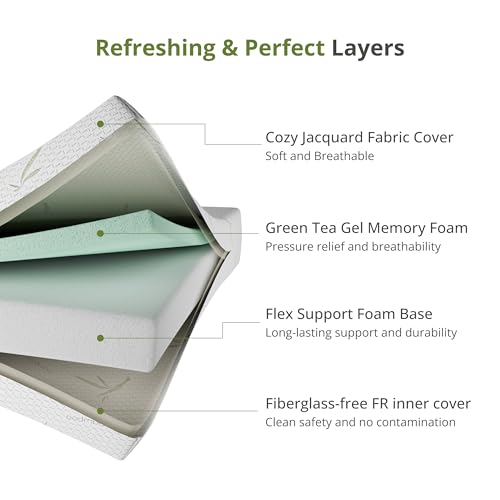 EGOHOME 8 Inch Twin Size Mattress, Cooling Green Tea Gel Memory Foam for Pressure Relief, Medium Firm Support, Fiberglass Free, Bed in a Box, CertiPUR-US Certified EGOHOME