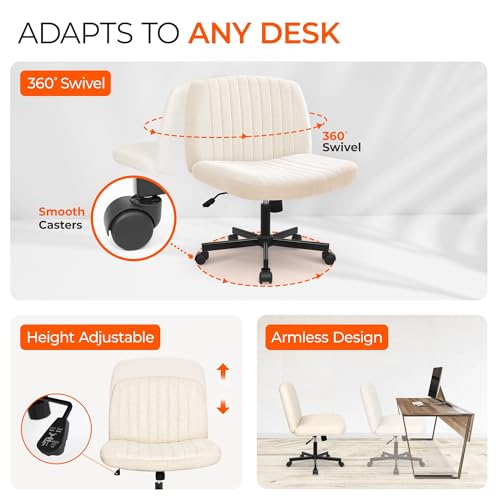 Orange Factory Criss Cross Chair Wheels Wide Cross Legged Office Desk Vanity Chair Comfy Fabric Armless Adjustable Swivel for Home Computer Task (Beige) Orange Factory