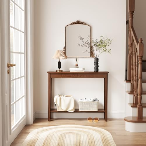 AQIMUELE Wood Console Table with Drawers, Mid Century Modern Console Table Walnut for Entryway, Living Room, Hall Way. AQIMUELE