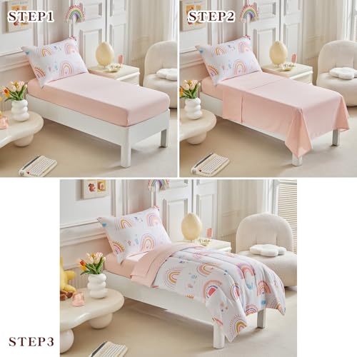 Joyreap 4 Piece Toddler Bedding Set- Pink Rainbow Lovely Design, Microfiber Toddler Bedding Comforter Set for Kids Girls Joyreap
