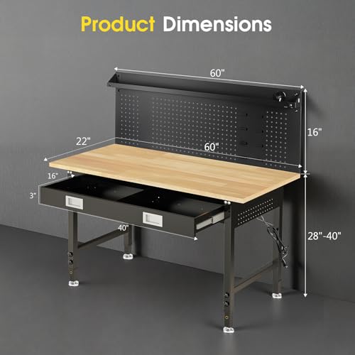 60" Adjustable Work Bench with Drawers, Workbench for Garage with Strip Light, Work Table with Large Pegboard, 2000 LBS Heavy Duty Table with Power Outlet Rubber Wood for Office, Workshop FIXCHIGO