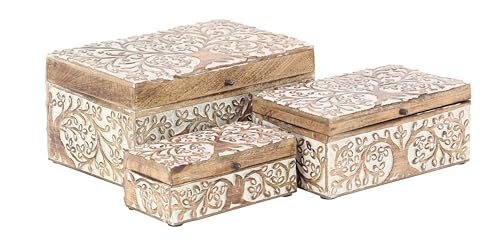 Deco 79 Mango Wood Floral Decorative Box Decorative Keepsake Boxes with Hinged Lid, Set of 3 Storage Boxes 8", 10", 12"W, Brown Deco 79