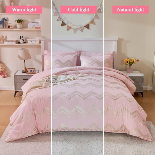 Wowelife Queen Comforter Set for Girls, Gold Glitter Foil Queen Bedding Comforter Set for Kids, 7 Pieces Bed Set for All Seasons, Teen Girl Bedroom Sets with 2 Pillow Shams and 2 Pillowcases Wowelife