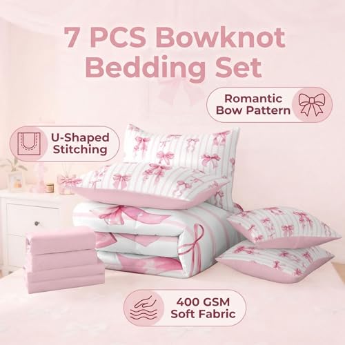 Erosebridal Pink Ribbon Bowknot Bed in A Bag with Sheets for Girls Kids Teens Women Princess Satin Bow Queen Comforter Set 7 Piece Kawaii Coquette Bedding Set Pink Stripes Bed Set Erosebridal