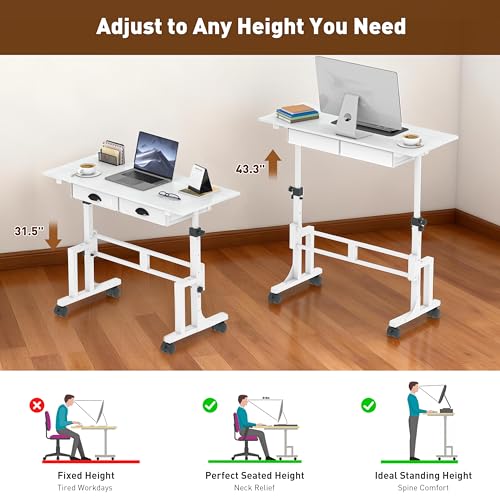 Height Adjustable Standing Desk with 2 Drawers, Small Sit Stand Up Desk with Wheels, Portable Rolling Desk for Walking Pad Treadmill, Computer Office, Adjustable 31.5"-43.3", White, Upgraded Stable Jsskeeim