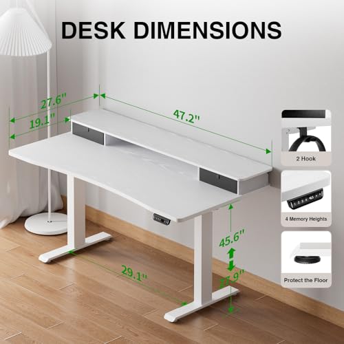 Veken 47.2"×27.6" Home Office Standing Desk with Monitor Riser, Adjustable Computer Desk with Drawers, Ergonomic Desk for Work, Study, Gaming, Crafting, White Veken