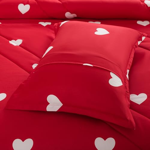 Caressma Love Comforter Set Twin Size - Cute White Heart Print Red Bedding Comforter with Matching Pillowshams Caressma