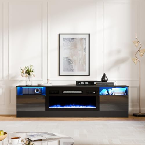Cozy Castle Fireplace Tv Stand with 30”Electric Fireplace Up to 75" Tvs,LED High Gloss Modern Tv Stand for 65 70" Tv,Entertainment Center Tv Console with Storage,Charging Station for Living Room,Black Cozy Castle