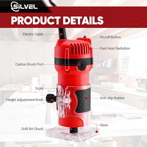 SILVEL Wood Router, 800W Wood Routers for Woodworking, 6.5Amp 1.25HP Hand Wood Router Tool, 30000R/MIN Compact Edge Trimmer with 15 1/4" Router Bit Set, Red SILVEL