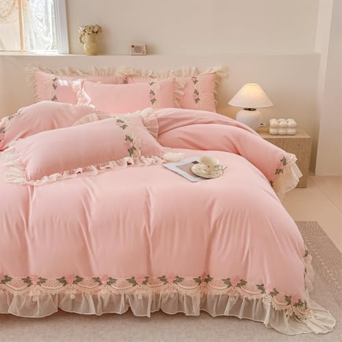 MOOWOO Flower Lace Ruffled Bedding Set- Sweet Girl Chiffon Ruffles Duvet Cover Set- 3PC(1 Full Duvet Cover 80x90 Inch, 2 Pillowcases) Aesthetic Bedding for Romantic French Wedding MOOWOO