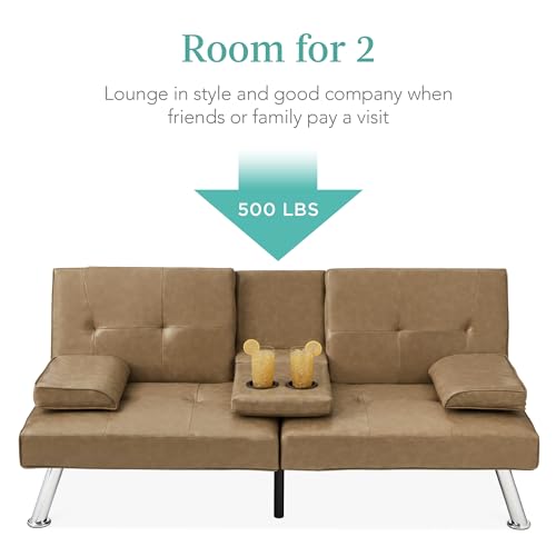 Best Choice Products Faux Leather Upholstered Modern Convertible Futon, Adjustable Folding Sofa Bed, Guest Bed w/Removable Armrests - Taupe Best Choice Products