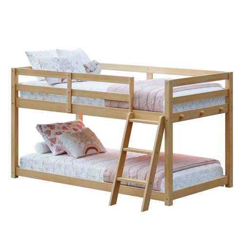 Vantic Low Bunk Bed with Guardrail and LED Light, Floor Toddler Bunk Bed Twin Over Twin with Wide Stairs, Convertible Soild Wooden Loft Bed for Kids with 6 Hooks, Space-Saving, Natural Wood Vantic