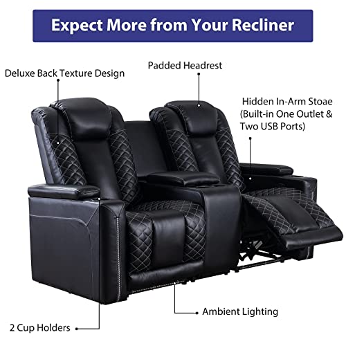 CANMOV Home Theater Seating, Electric Power Recliner Chairs with USB Ports and Cup Holders, Breathable Faux Leather Recliner Set with Hidden Arm Storage, Ambient Lighting (Row of 2, Black) CANMOV