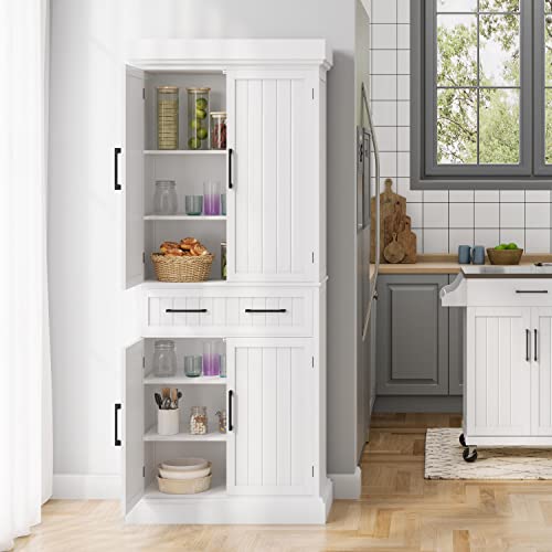Topeakmart 72.5" Kitchen Pantry with Large Drawer, Wooden Pantry Cabinet Cupboard with Doors and Adjustable Shelves, Storage Cabinet Organizer for Kitchen, Dining Room, Living Room, White Topeakmart