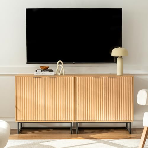 EYYTHUNG Fluted Storage Cabinet Sideboard Buffet Cabinet, Modern Accent Cabinet with Adjustable Shelves, Wooden Credenza, Console Table Entryway Cabinet for Living Dining Room, Natural Oak EYYTHUNG