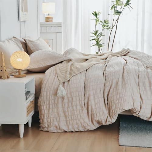 HYMOKEGE Beige Duvet Cover Queen Size, Ultra Soft 3-Piece Seersucker Duvet Cover Set with Zipper Closure, Soft Brushed Microfiber Bedding Set with 8 Corner Ties (90"x90", 2 Pillowshams) HYMOKEGE