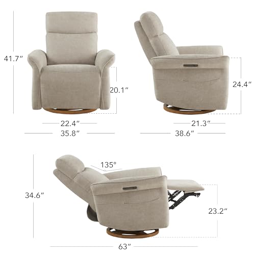 CHITA Power Recliner Chair, Electric Triple-Motor Swivel Glider Nursery Rocking Chair with Adjustable Power Headrest and Lumbar Support, GREENGARD Gold Certified, Solid Wood Base, Khaki Grey