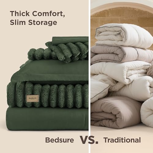 Bedsure Gentlesoft™ 2-in-1 Queen Comforter Set and Detachable Fluffy Blanket, Olive Green Bedding Set for All Season Use, SnapTech™ Design for Space Saving (Includes 2 Pillow Shams, 2 Pillowcases) Bedsure