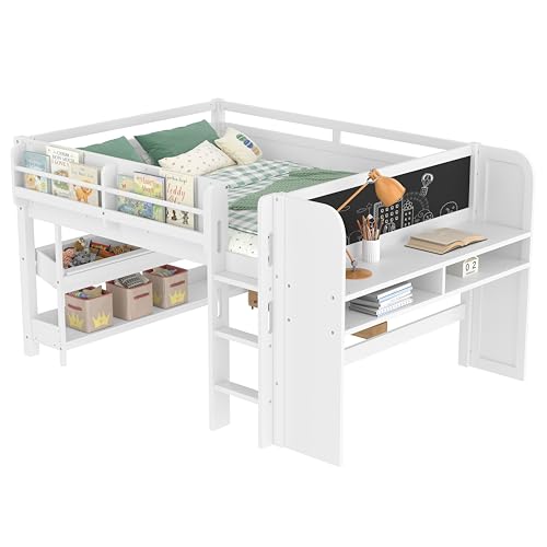 Bellemave Full Loft Bed with Storage Boxes and Bookshelves, Solid Wood Kids Loft Bed with Desk and Blackboard, Low Loft Beds Frame for Kids, Girls, Boys, Childlike Design, White Bellemave