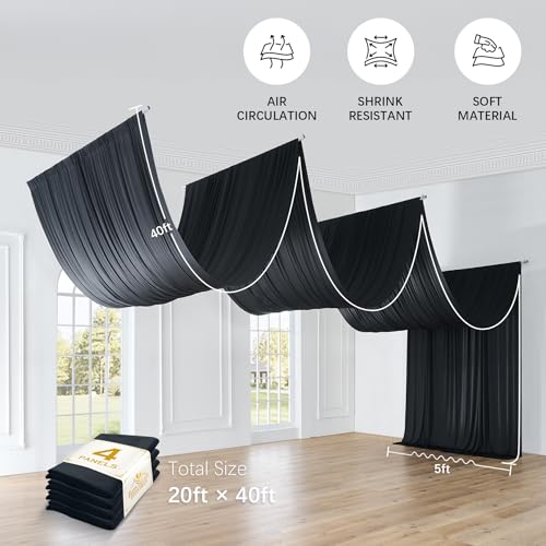 20ftx40ft Black Ceiling Curtain for Wedding Parties – 4 Panels Wrinkle-Free 40 FT Long Tent Draping Curtains for Wedding, Birthday & Theme Parties, 40ft Height with Rod Pocket Party Village
