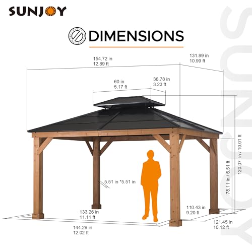 Sunjoy Hardtop Gazebo 11’ x 13’ Outdoor Cedar Framed Wood Gazebo with Black Double Steel Hardtop Roof Permanent Canopy for Garden, Backyard Shade… Sunjoy