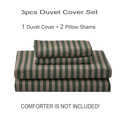 PURE ERA Jersey Knit Duvet Cover Set 100% T-Shirt Heather Cotton Super Soft Comfy Classic Striped Design, with Zipper Closure, Forest Green Stripe, Full PURE ERA