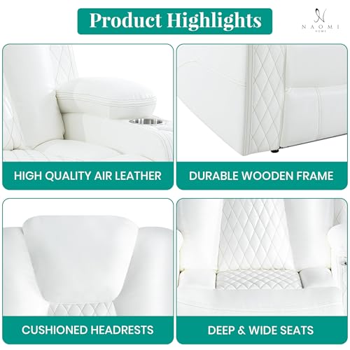 Naomi Home Chicago Power Recliner Chair with LED Lights, USB Charging Port, Adjustable Headrest, Cup Holders & Detachable Tray Tables, Faux Leather Home Theater Seating Recliner - White