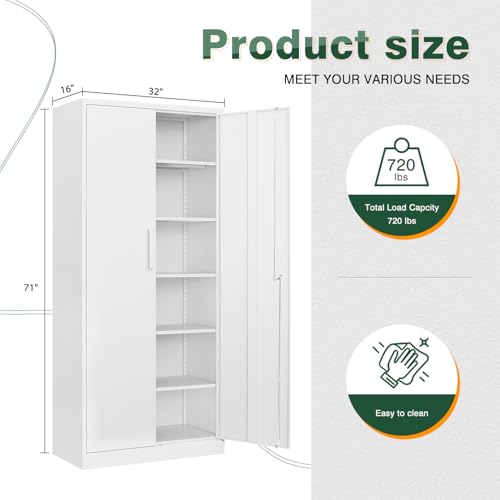 Letaya Metal White Storage Cabinet with Lock-71 Tall Metal Pantry Cabinets,5 Adjustable Shelves and Door for Home,Office,Kitchen,Warehouse,Utility Room(White) Letaya