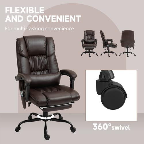 Vinsetto High Back Massage Office Chair with 6 Vibration Points, PU Leather Reclining Computer Chair, Ergonomic Desk Chair with Footrest Adjustable Height and Remote, Brown Vinsetto