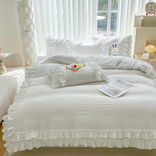 Shabby Chic 3 Pieces Bedding,Vintage Ruffled Full Duvet Cover Set with 2 Layers Ruffles,Soft Brushed Microfiber Set with Zipper Closure,Lightweight Duvet Cover Set-White,Full SOUKECHY