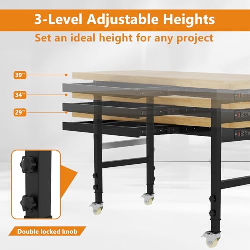 Pelnuies 60" Work Bench with Wheels, Adjustable Height Workbench with Drawers, Heavy-Duty Thick Wood Work Table with Power Outlets, 2000 LBS Capacity Workstation for Garage, Workshop, Office, Home Pelnuies