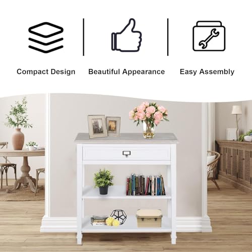 kinbor Accent White Console Table with Drawer and Shelf, Wood Sofa Table with Storage for Entryway Hallway Living Room kinbor
