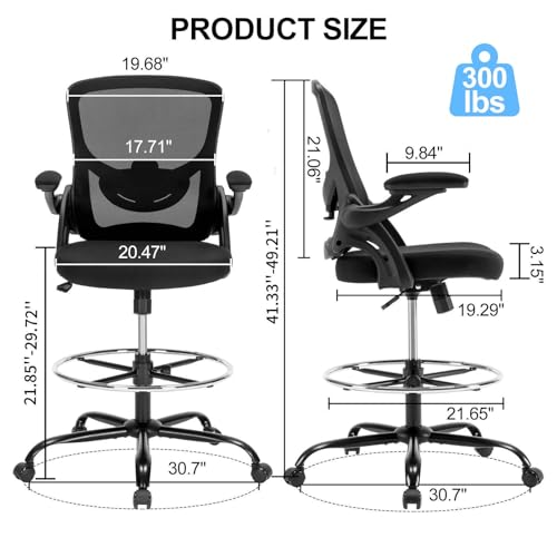 Drafting Chair, Tall Office Chair for Standing Desk, Ergonomic Standing Desk Chair with Flip-up Armrests, Counter Height Office Chair with Footrest and Adjustable Lumbar Support Chair Store