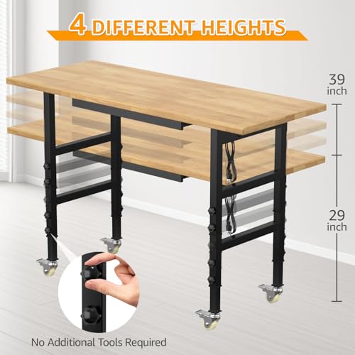 60" Adjustable Workbench,Heavy-Duty Work Table,3000 LBS Load Capacity Hardwood Workstation Outlets with Power Strips, Drawers and Wheels,for Workshop, Garage Gymplis