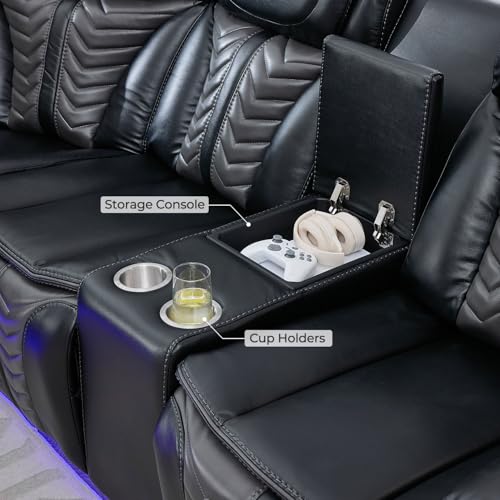Power Electric Recliner Sectional Sofa Couch with Bass Speakers for Living Room, Faux Leather Sectional Reclining Corner Couches Sets with LED Lights, Home Theater Sectionals with Recliners, Black