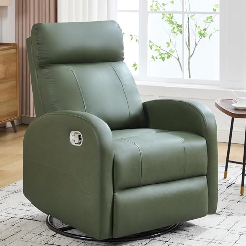 HOMYKA Swivel Rocker Recliner Chair, Manual Faux Leather Recliner, Glider Rocking Recliners 360°Swivel Nursery Reclining Chairs with Adjustable Headrest Highback for Living Room, Dark Green