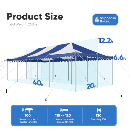 Quictent 20x40 Party Tent Heavy Duty Fire Retardant Pole Tent Weekend Canopy Easy Set Up with 120 Person Capacity, Outdoor Canopies for Parties, Weddings, and Events (Striped Blue,no Sides) Quictent