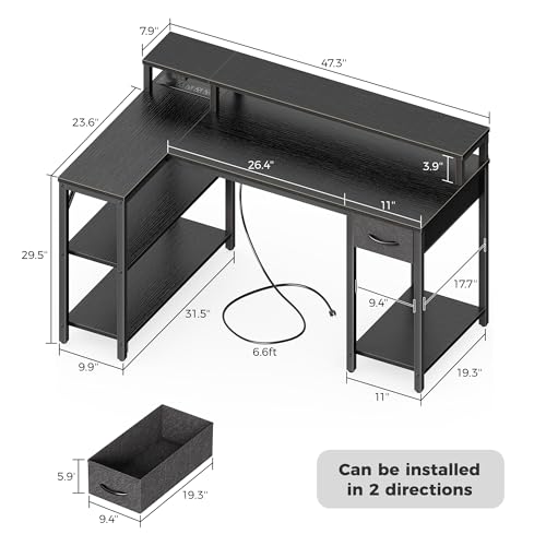 SUPERJARE 47 inch Reversible L Shaped Desk with LED Lights & Power Outlets, Computer Desk with Shelves & Monitor Stand, Gaming Desk with Drawer, Home Office Desk Corner Desk, Black SUPERJARE