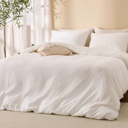 RENEWROOTS Off White Twin Duvet Cover, 100% Sandwashed Cotton Soft Twin Size Duvet Cover Set 3 Pieces with Zipper Clousre & Corner Buttons (Off White, Twin 69 x 90) RENEWROOTS