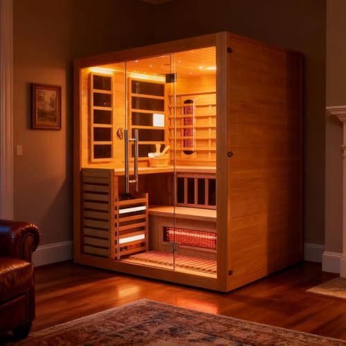 amocane Infrared & Steam Dual-System Sauna Room for 4-6 Person, Wood Hybrid Home Sauna with Heater, Indoor Traditional Saunas Spa with Heaters & Sauna Stove, Speaker, Oxygen Bar, Bucket amocane