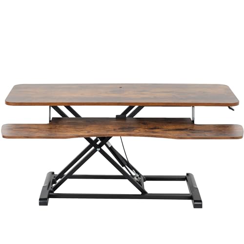 VIVO 42 inch Desk Converter, K Series, Height Adjustable Sit to Stand Riser, Dual Monitor and Laptop Workstation with Wide Keyboard Tray, Rustic Vintage Brown Top, Black Frame, DESK-V042KN VIVO
