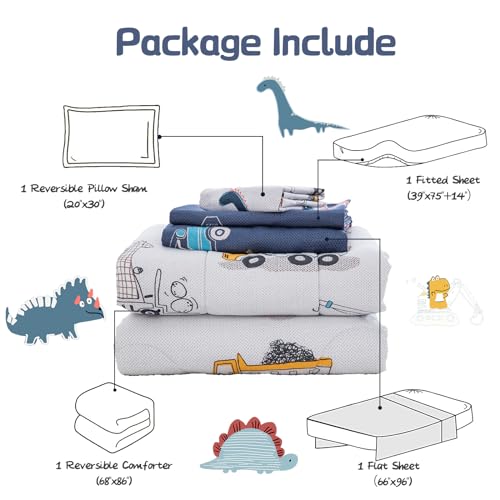 DJY Cotton Twin Bedding Set, Dinosaur Cars Reversible Twin Comforter Set for Kids Boys Girls, 4 Pieces Bed in a Bag Includes Quilted Comforter, Flat Sheet, Fitted Sheet and Pillowcase DJY