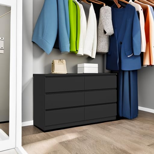 Vibe & Dine 6 Drawer Double Dresser, Modern Chest of Drawers with Wide Storage for Closet, Bedroom, Living Room, Black Vibe & Dine