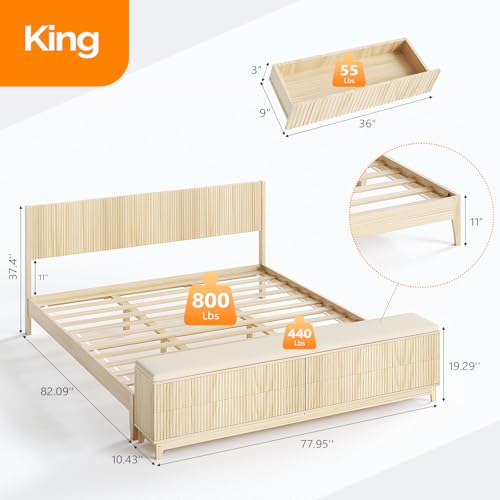 VINGLI Fluted King Bed Frame with Wingback Headboard and Footboard Storage Bench, Boho Wooden Single Platform Panel Bed with 4 Drawers,Mid-Century Modern Sleign Bed,Beige VINGLI