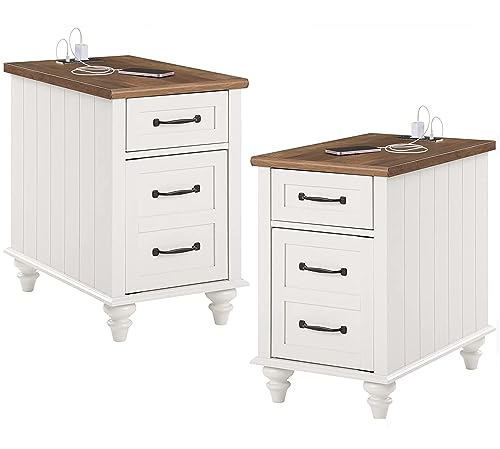 WAMPAT 2 Pack White End Table with Charging Station, Wood Side Sofa Table with Drawer and Storage Cabinet, Modern Nightstand with Power Outlets & USB Ports for Living Room, Bedroom WAMPAT