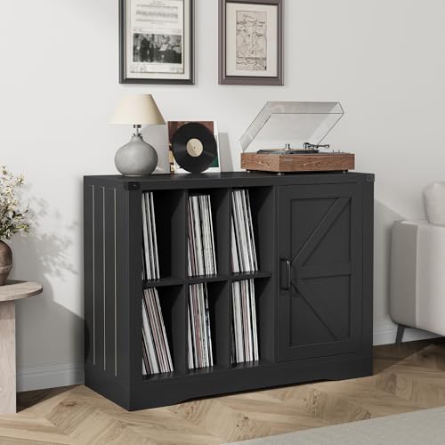 IDEALHOUSE Record Player Stand Cabinet with Door, Farmhouse Turntable Storage Cabinet with Holder Shelves up to 750 Albums, Wooden CD DVD Table Rack for Living Room, Black IDEALHOUSE