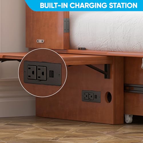Mjkone Queen Murphy Bed, Modern Foldable Cube Cabinet with Tri-Folding Mattress, 2 Storage Drawers, Murphy Cabinet Beds with Built-in USB Charging Station for Living Room Guest Room Bedroom, Cherry Mjkone